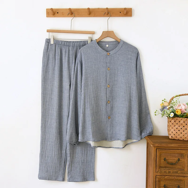 

linen-cotton sleepwear men Simple pure color pajamas sets long-sleeve pyjamas plus size