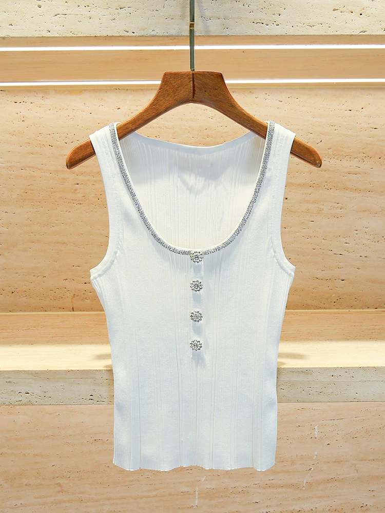 Funkelndes, mit Diamanten verziertes, schmal geschnittenes U-Ne-Strickwesten-Top für Damen, Sommer, Faion, High-End, lässig, Pendeln, Swe
