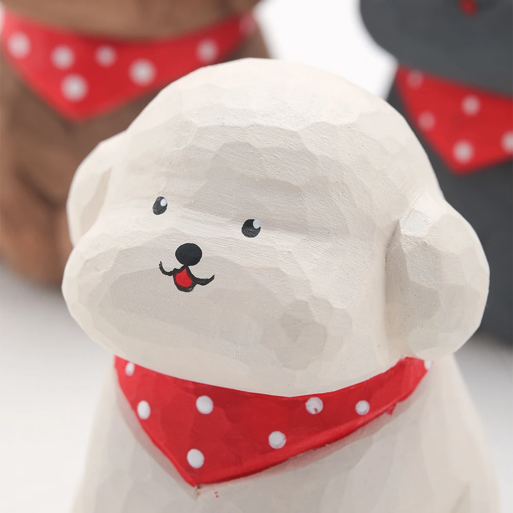 Handcrafted wood carving Teddy Dog Statue Cute Dog Figurines Desk Ornament Decorations  Animal Sculpture Crafts Christmas Gift