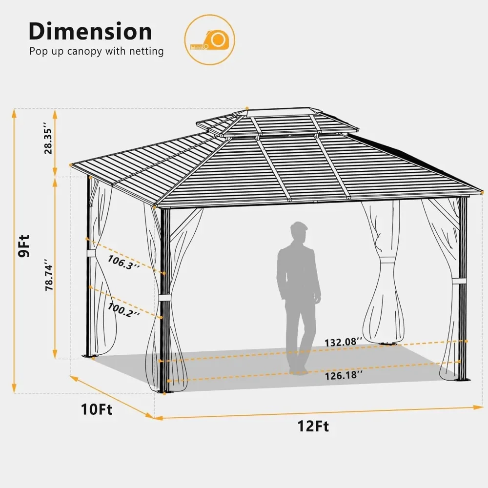 Gazebos zewnętrzne ocynkowane 10x12FT z moskitierą, podwójne metalowe ogrody dachowe, ogród