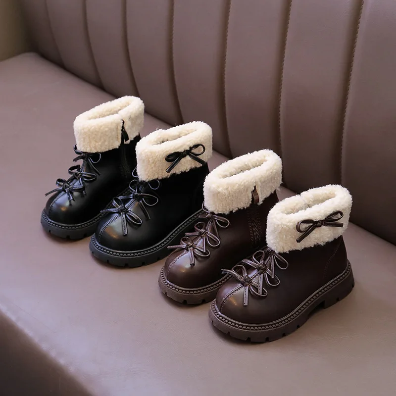 

Girls Princess Ankle Boots Bow-Knot Warm Thick Bottom Leather Winter Fashion Short Children's Boots 2025 New