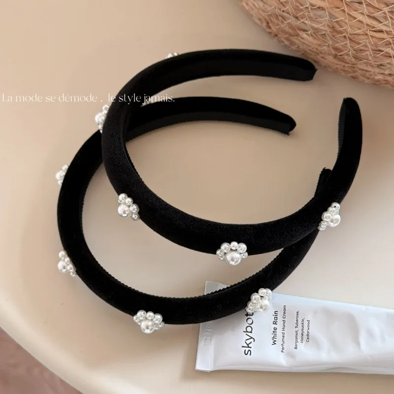K-style Heavy Industry Luxury Pearl Flower Skull Headband Classy Sweet French Hairband Hair Accessories for Women