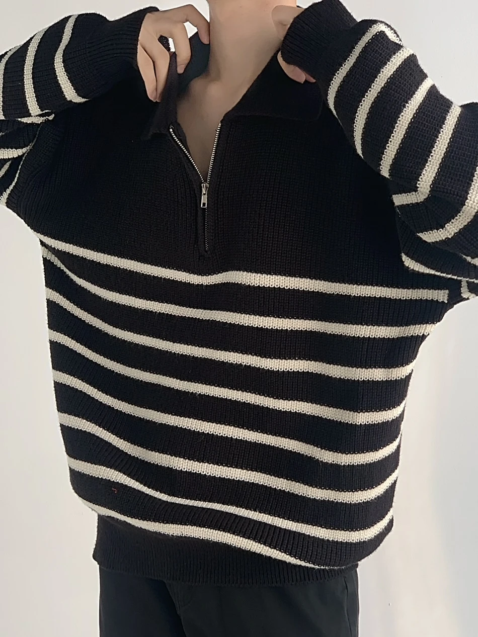 

Loose Fit Men's Knitted Sweater with f Zipper Long Sve Striped Design Casual Sle Autumn Winter Faion Outerwear