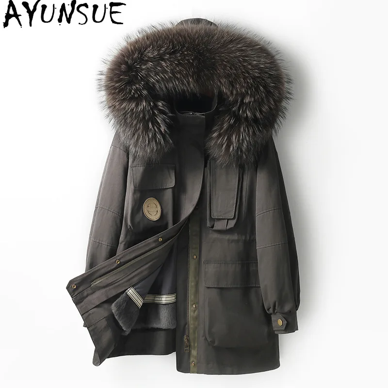 

AYUNSUE Real Fur Coat Women Real Rex Rabbit Womens Parka Liner Detachable Winter Clothes Warm Raccoon Fur Collar Шуба Женская