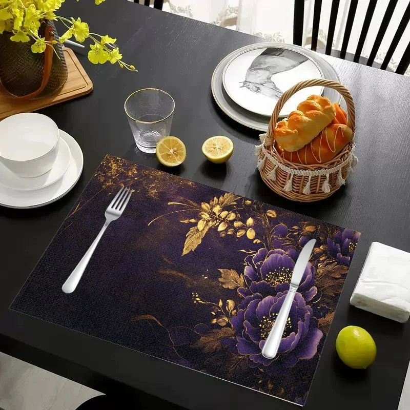 VIKAMA Placemat Purple Gold Flowers Print, Waterproof Oil-Proof Heat-Resistant Non-Slip Woven Dining Table Mat