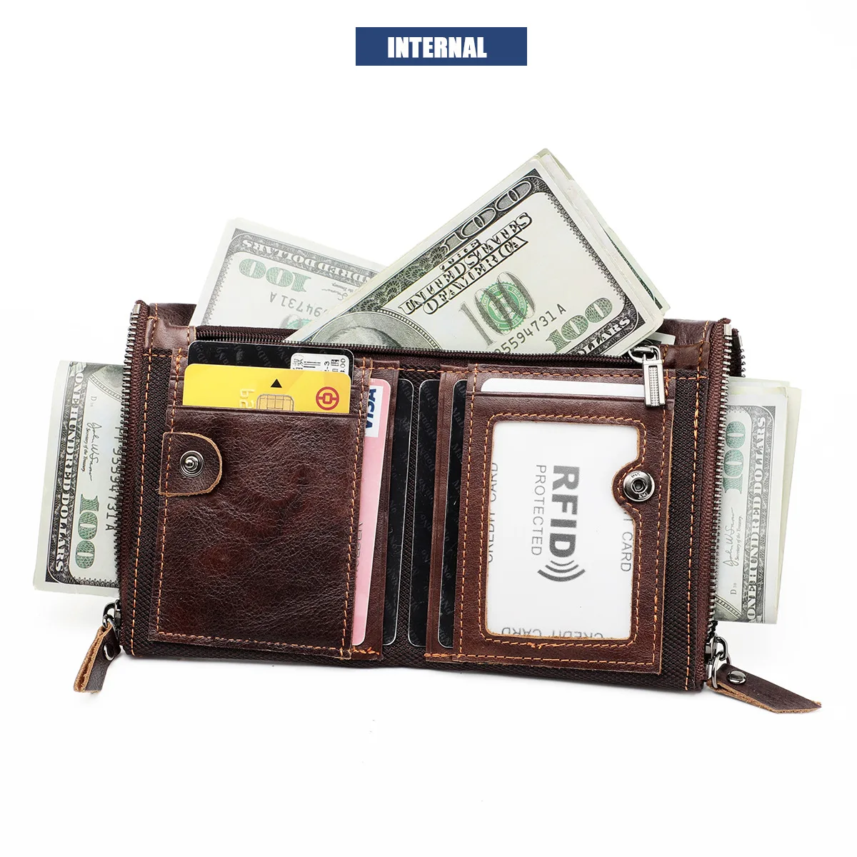 Genuine Leather Short Men RFID Wallets Name Engraving Leather Card Holder Brand Men Retro Coin Pocket Zipper Male Wallet