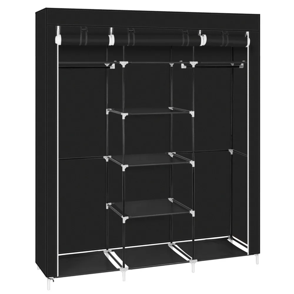 69" Clothes Wardrobes Non-Woven Fabric Closet Double Rod Storage Organizer Black