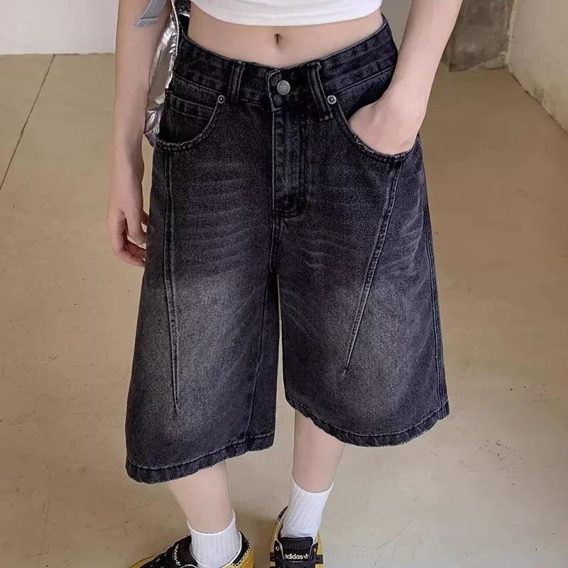 

Streetwear Summer Girls Black Wide Leg Jeans Shorts Women Korean Comfortable Jeans Pants Lady High Waisted Baggy Denim Shorts