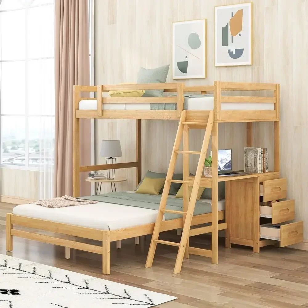 Twin Over Full Bunk Bed with Desk, Triple Drawers, Wooden Storage, Removable Bottom, Ladder & Guardrails, Natural Finish