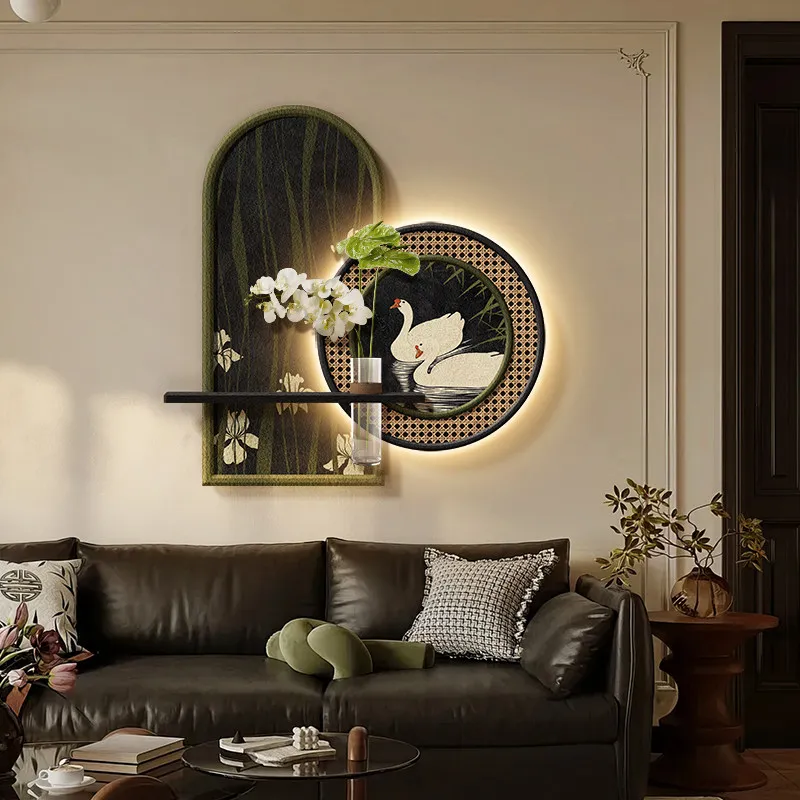 Hydroponic green plants with ancient style entrance decoration, new sandstone three-dimensional corridor, corridor mural lights