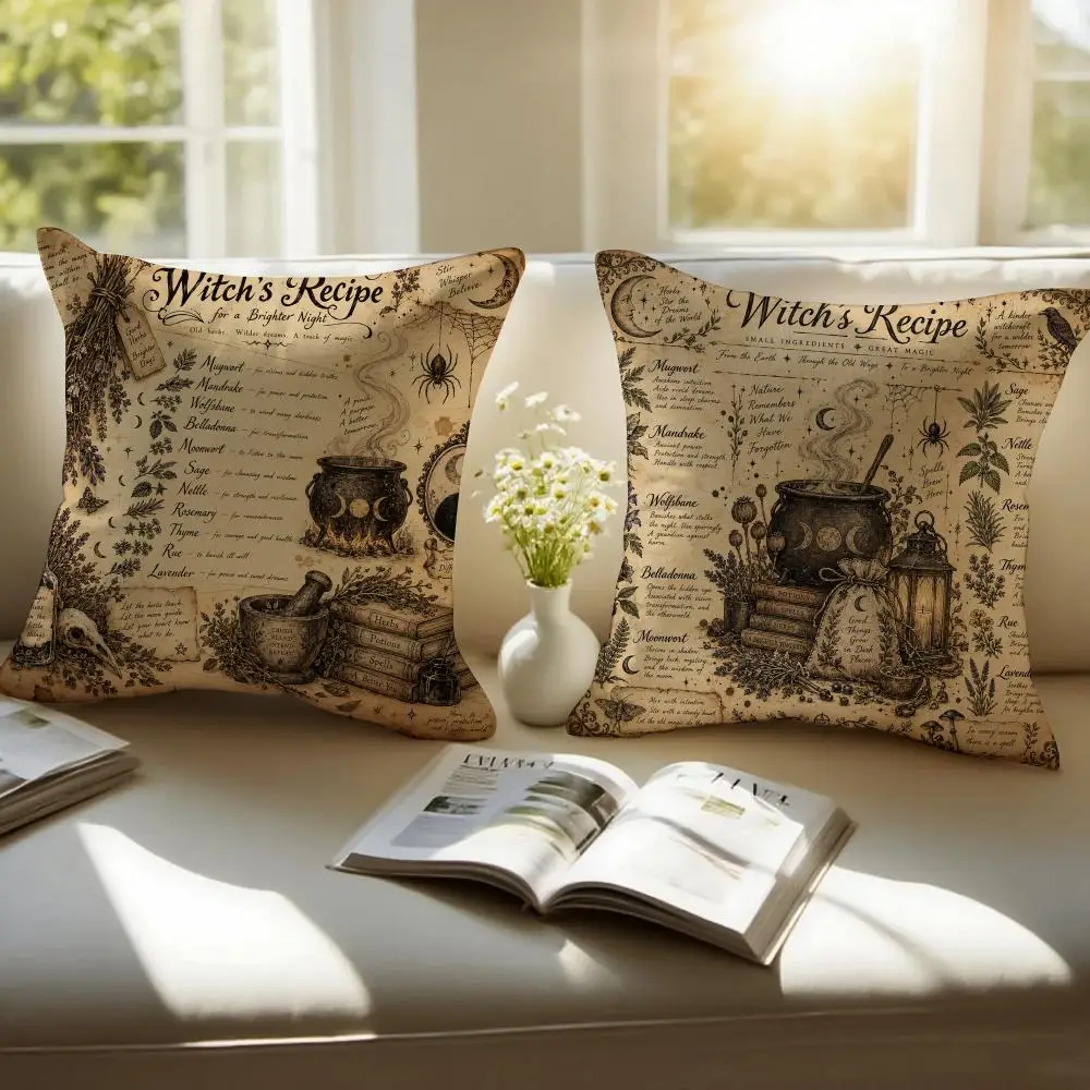 Hallowee Witch's Recipe Cushion Cover Pillowcase Anti-dustmite Invisible Zipper Short Plush Sofa Cushion