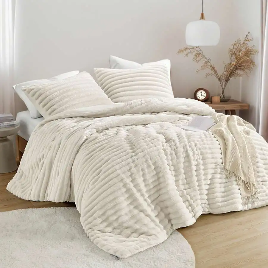 Fluffy Ribbed 2/3 Pieces Cord-Textured Bedding Comforter Set,Plush 300 Gsm Fabric For Weighty Durability And Softness Comforter