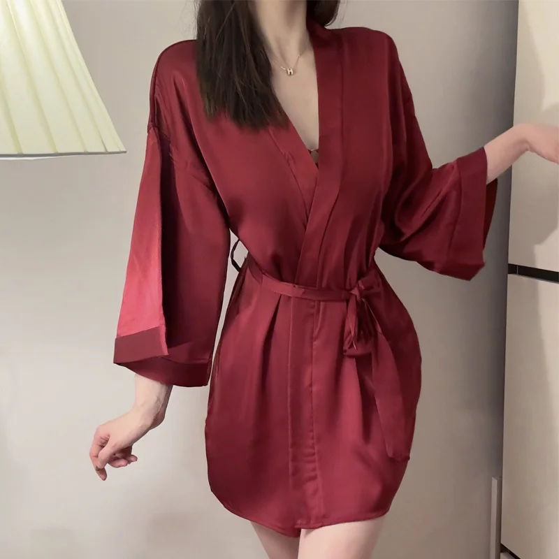 

Summer Sexy Pajamas Satin Thin Cardigan Tie Up Nightgown Plus Size Bathrobe Home Wear Nightgown women's Set