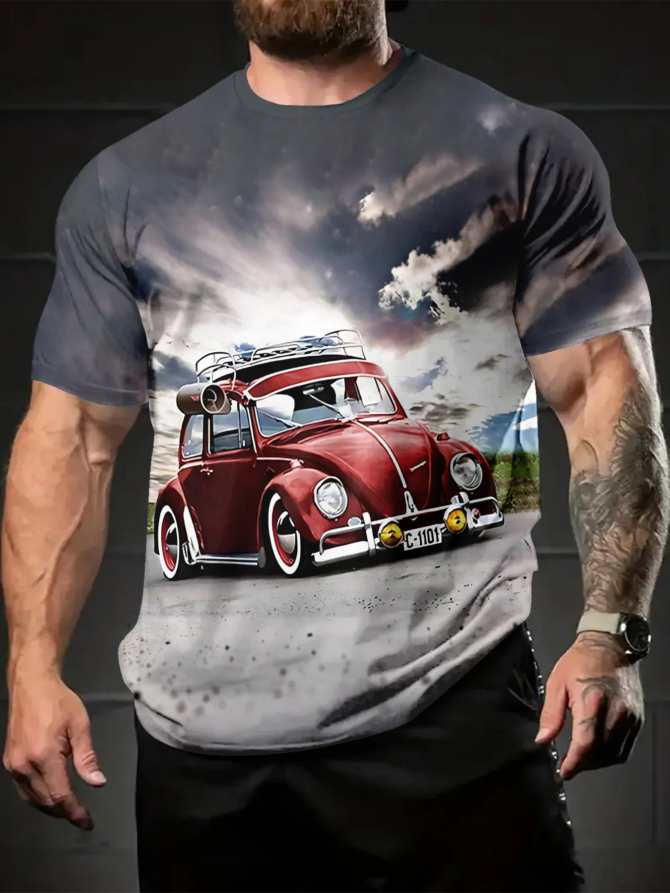 Men's Vintage Beetle Car Christmas Print T-Shirt Casual O-Neck Short Sleeve Xmas Holiday Graphic Tee Tops