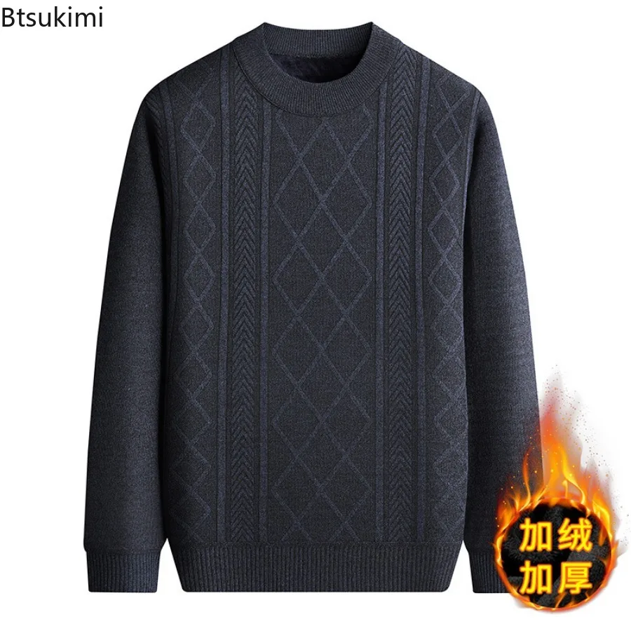 2024 Men\'s Warm Fleece Thicken Long Sleeve Sweater Tops Fashion Business Casual Versatile Loose Bottoming Knit Pullover Tops Men