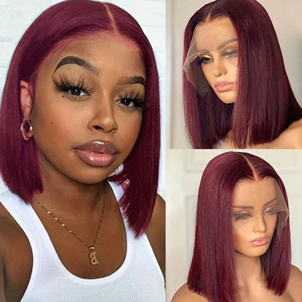 99J Transparent Lace Short Bob Human Hair Wigs Brazilian Burgundy Straight 13x4 Lace Frontal Wig For Women Density200%