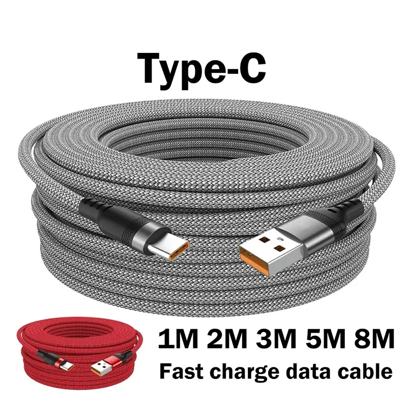 USB A to Type C Charging Cable Fast Charger Extended Nylon Data Cable 8 Meters For Android Samsung Xiaomi Type C Charging Device