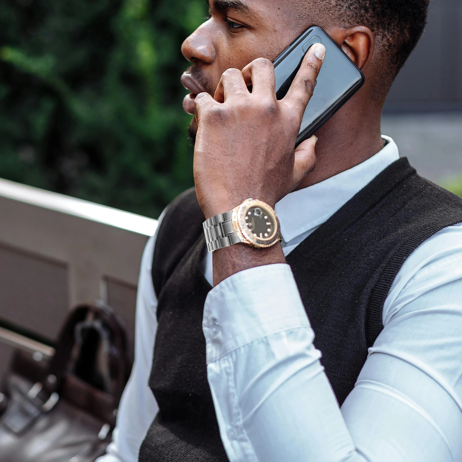 

4pcs 22mm Stainless Steel Watch Band 180mm Length 3 5mm Thick Foldover Clasp Black Curved End Strap With Spring Bars Replacement