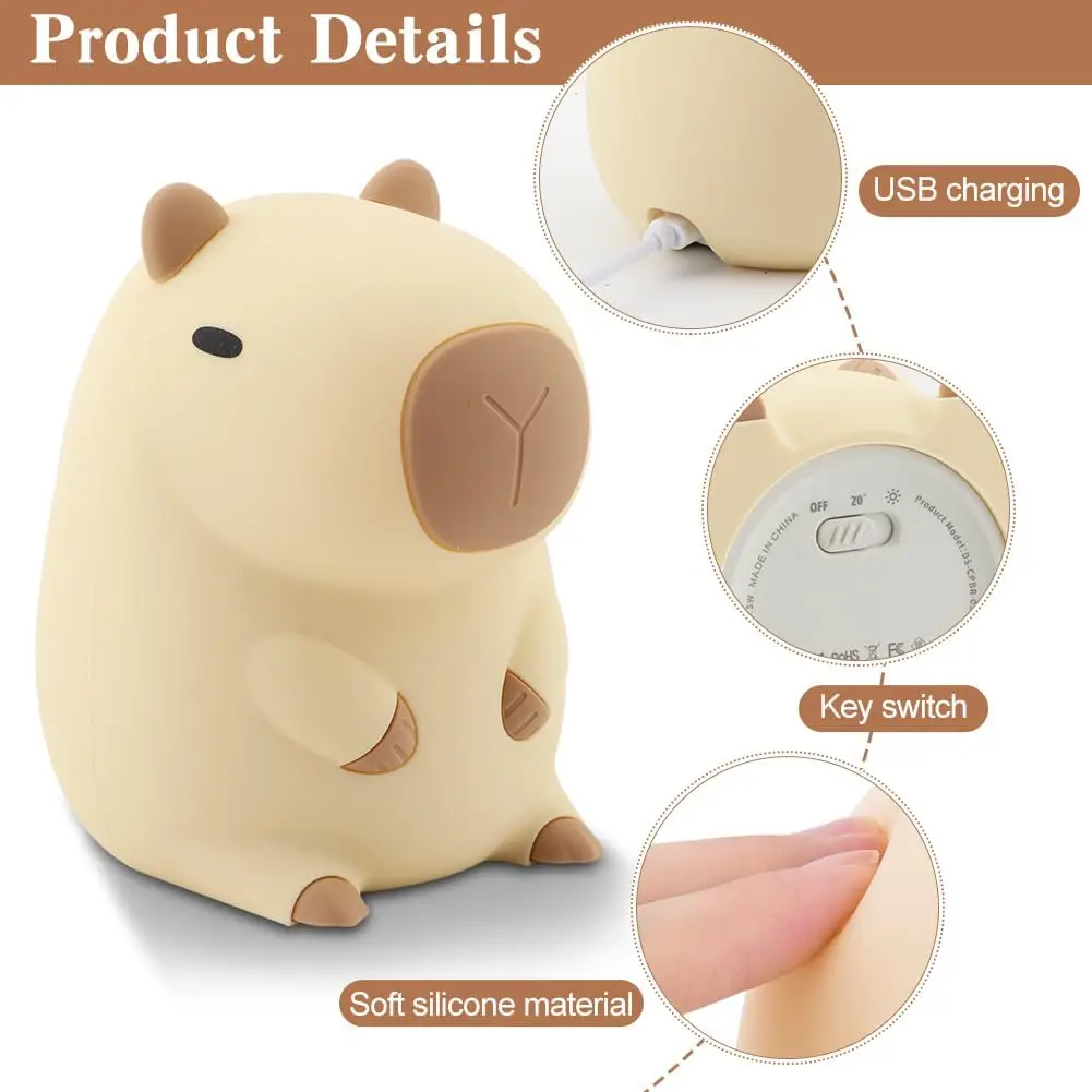 Veilleuse en silicone Capybara aste par USB pour enfants, lampe de nuit mignonne, minuterie, gradation, sommeil doux, dessin animé, décoration de chambre d'enfant