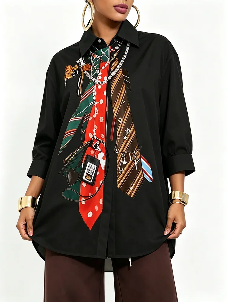 UOOZZE Ladies Personality Tie Necklace Printed Loose Lapel Shirt Women 2026 New 3/4 Sleeves Oversized Casual Streetwear Blouses