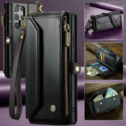 Case For Samsung S26 S25 S24 S23 Ultra Plus FE A17 A57 A37 A36 A56 5G PU Leather Strap Zipper Card Holder Phone Wallet  Case