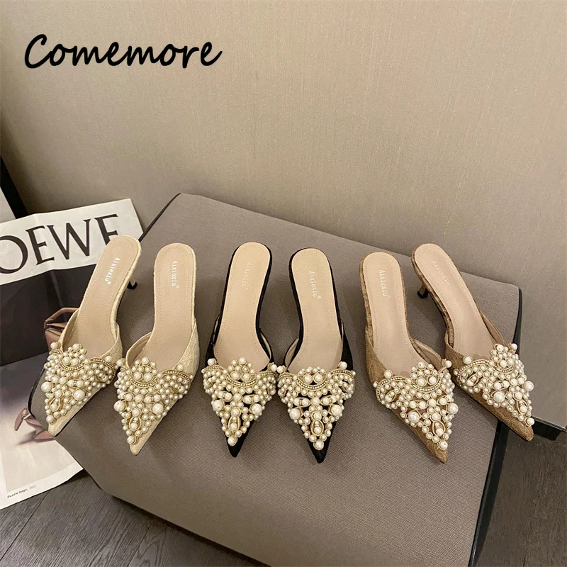 Comemore Spring Summer Mules Fashion Sexy Women Slides Shoes Elegant Pearls Slip-On Thin Heels Slippers 2023 Designer Mules 42