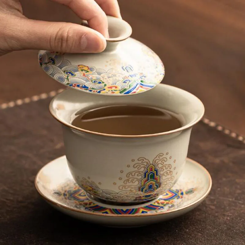 

Фарфоровая чаша для заварки чая Sancai Gaiwan Pu'er, чашка для чая кунг-фу, кухонный набор чайной посуды, аксессуары для питья