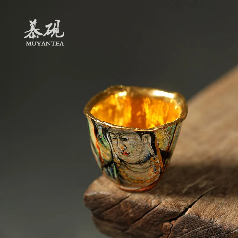 

Mu Yan Firewood Hand-Painted Dunhuang Tea He Mud Handmade Rock Mineral Zhiye 24K Gold Ceramic Tasting Master Cup