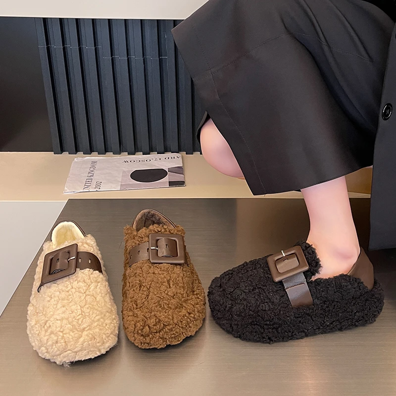 Winter Women House Slippers Faux Fur Fashion Warm Shoes Slip On Flats Female Slides Black apricot Dark brown Home Furry Slippers