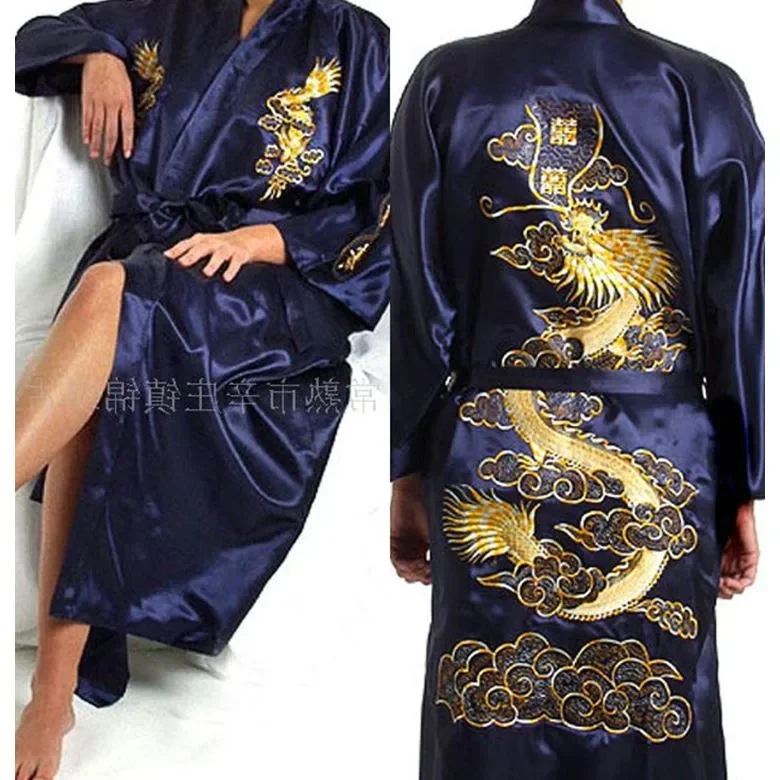 Japanese Style Male Satin Silk Robe Dragon Embroidery Japan Kimono Bath Gown Size M L XL XXL Men Satin Robe Embroidery Bath Gown