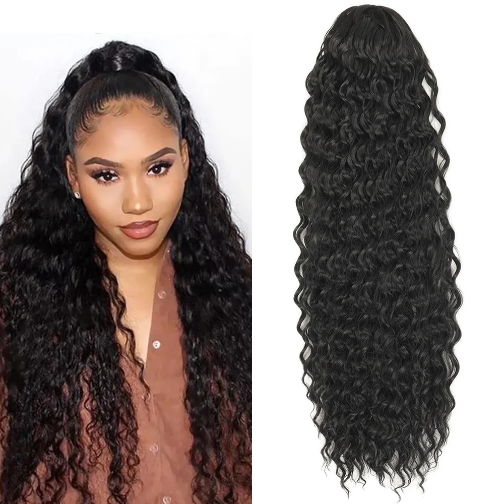 24 Zoll verworrener lockiger Pferdeschwanz, weiche synthetische Haarverlängerung, Kordelzug, Pferdeschwanz-Haarteile, schwarzer Clip-in-Pferdeschwanz für Frauen – Detail 6