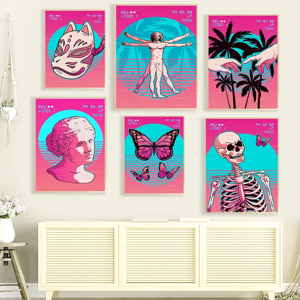 Abstract Pink Vintage Vaporwave Butterfly Retro Art Cavnas Painting Print Skeleton Statue Vitruvian Man Poster Room Home Decor