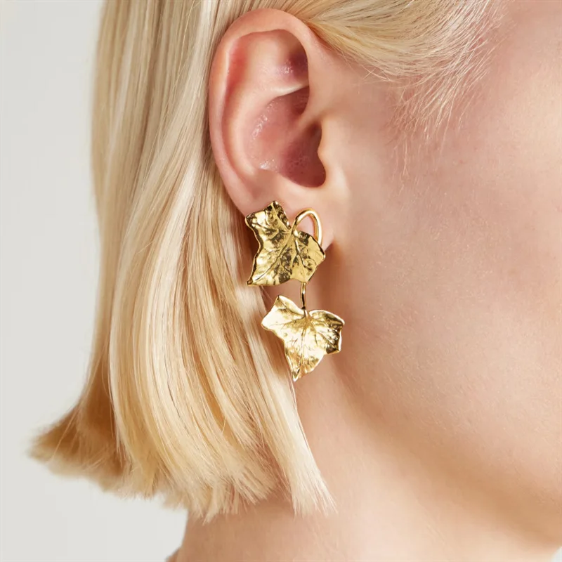 Os Series 3D Embossed Double Ivy Leaf Dangle Design Drop Stud Earrings,Unique Geometric Fashion Ear Party Jewelry Gift for Women