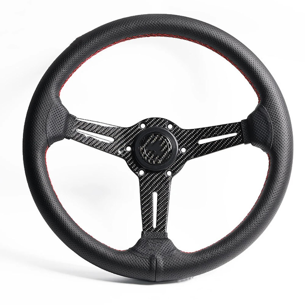 New Racing Car Modified Quick Release Steering Wheel 14 Inch Carbon Fiber Bracket Classic Leather Shallow Concave Universal