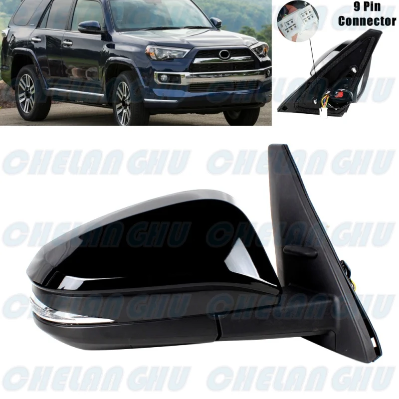 Right Side 9Pin Black Painted Power Fold Puddle Lamp Mirror Assembly For Toyota 4 Runner 2014 2015 2016 2017 2018 2019 2020 2021