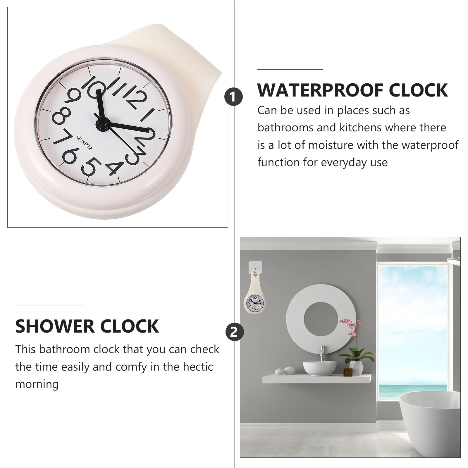 Towel Rack Bathroom Suction Cup Wall Clock for Shower Operated Water Timer Silent with Grey Waterproof