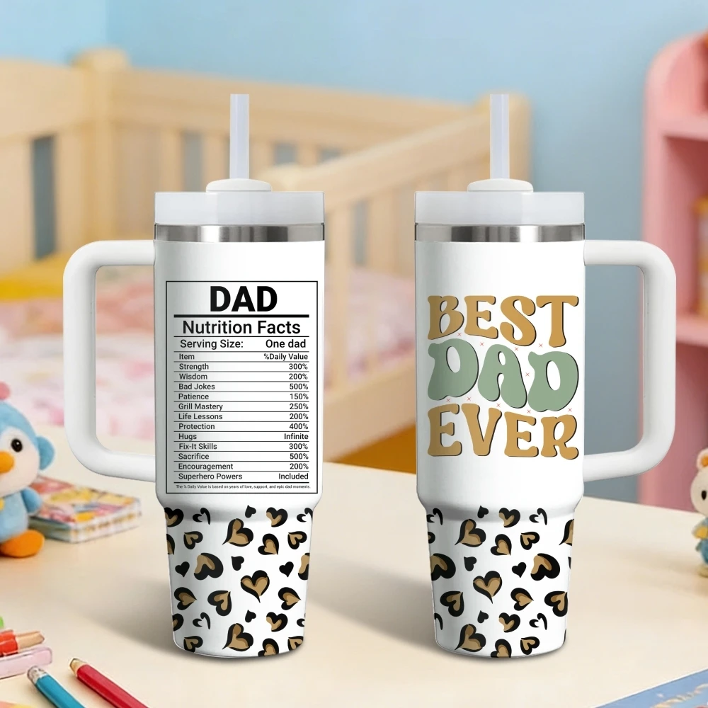 Dad Nutrition Facts Leopard Vacuum Flasks 40oz Stainless Steel Vacuum Insulated Tumbler with Straw Leak Resistant Travel Mug