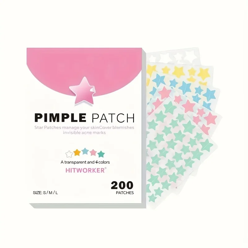 200pcs Multicolor Star Acne Patches - Mixed Color Cute Invisible Blemish Cover Stickers, Pink Box