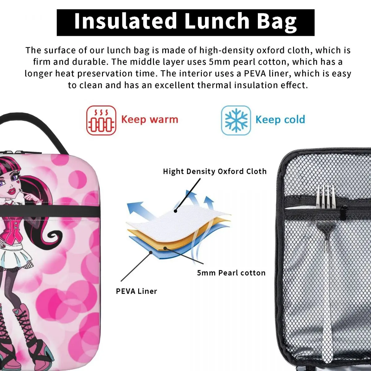 Pink Monster High Draculaura Insulated Lunch Bags Cooler Bag  Meal Container Cute Cartoon Large Tote Lunch Box Food Handbags