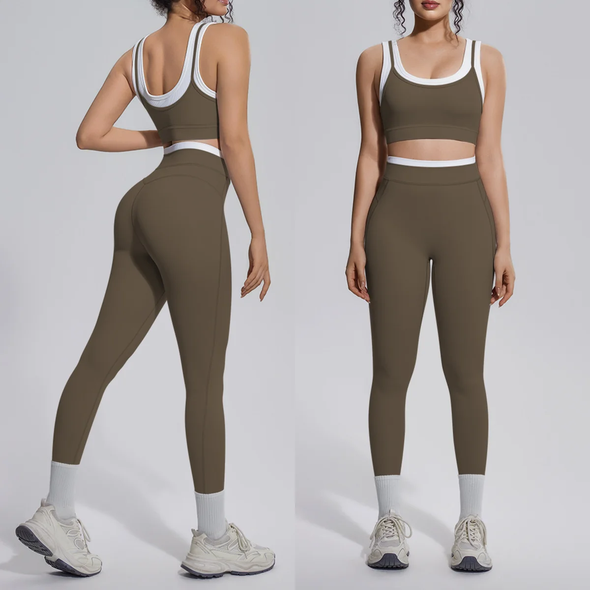 Women 2 Pieces Yoga Clothes Fake Two‑Piece Wide Strap Sports Bra + High Waist Leggings Gym Workout Fitness Pilates Outfits Set