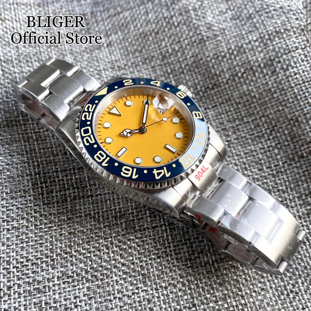 BLIGER 40mm  NH35A Movement Mechanical Automatic Watch For Men Luminous Yellow Dial Ceramics Bezel Insert Steel Bracelet