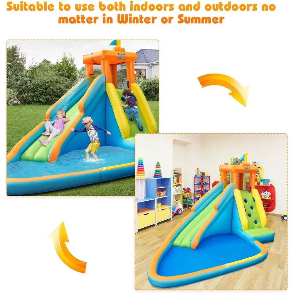 Nadmuchiwana zjeżdżalnia wodna dla dzieci, park wodny z zamkiem do skakania i basenem, ścianą do wspinaczki, dmuchawą, do zabawy na świeżym powietrzu.
