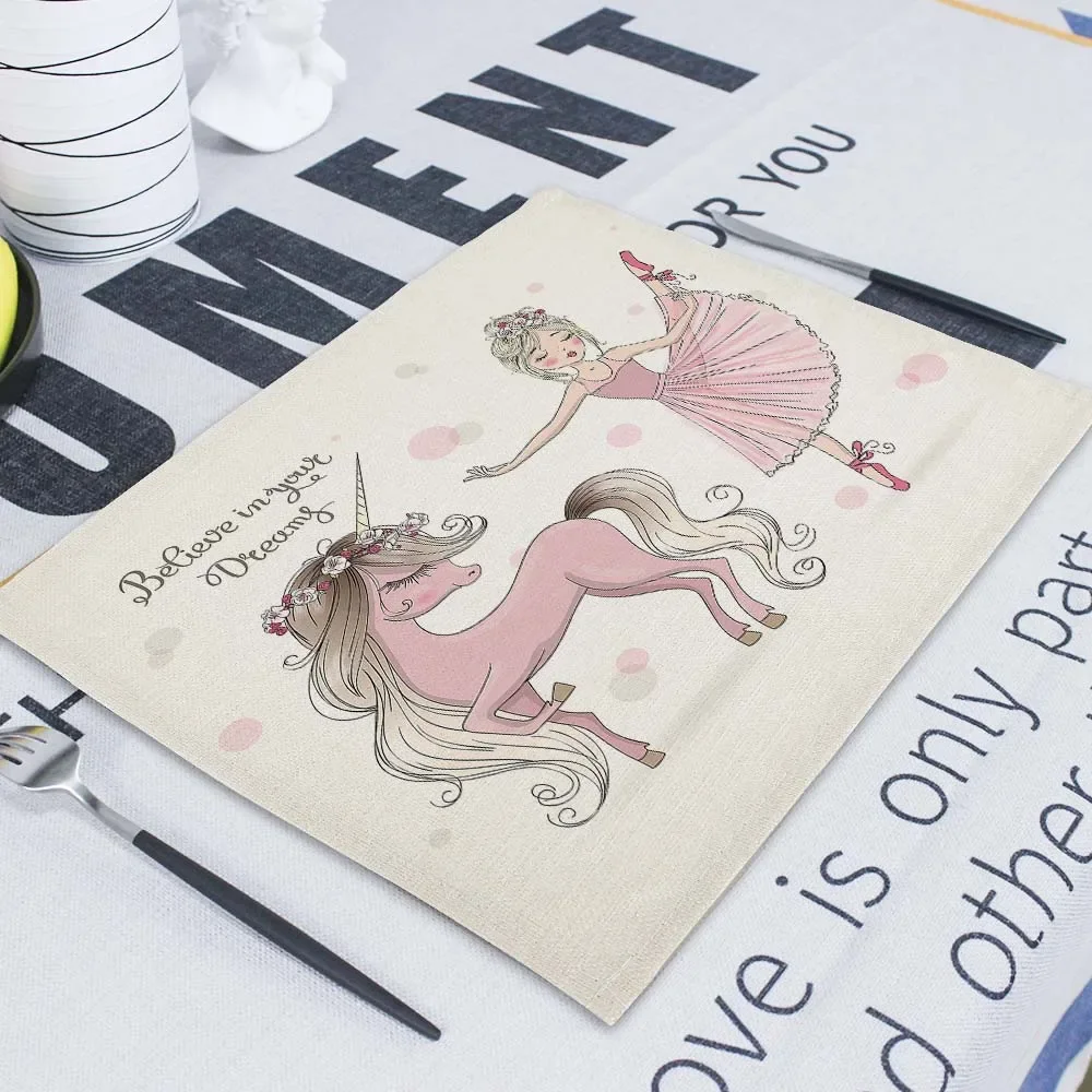 Cartoon Pink Table Mat Unicorn Individual Placemats Coasters Set 45*32Cm Pad On The Table Cup Pad Place Mats For Dining Table