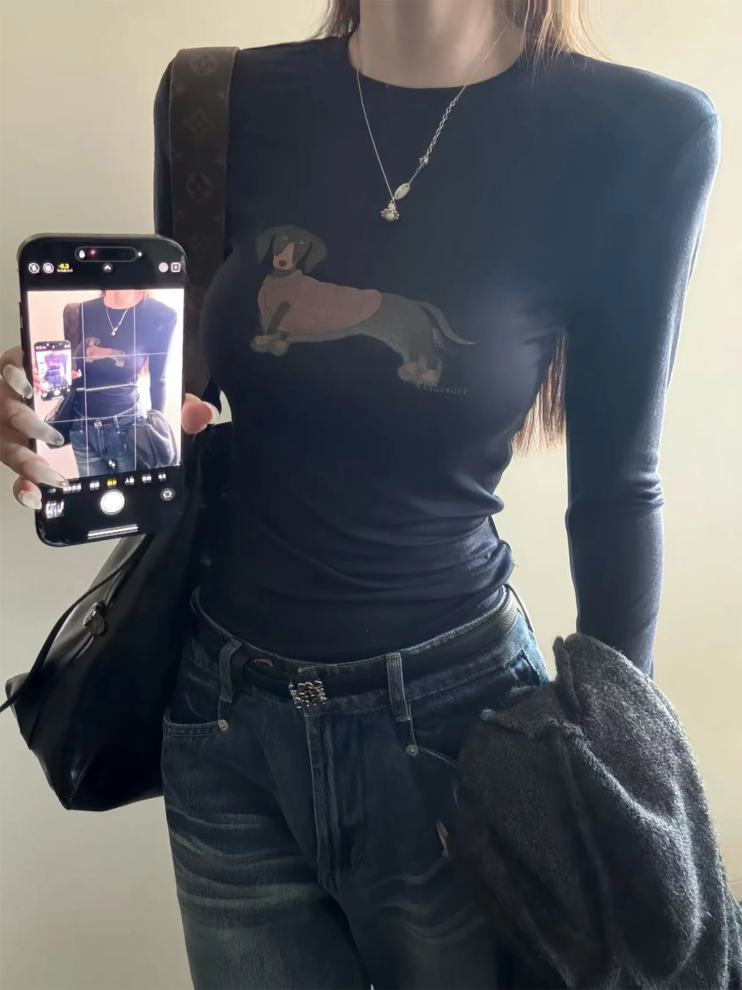 

Женская футболка Superniniyy с длинным рукавом и круглым вырезом из шерсти и лиоцелла с принтом, высококачественная, модная, для повседневной носки, приталенная