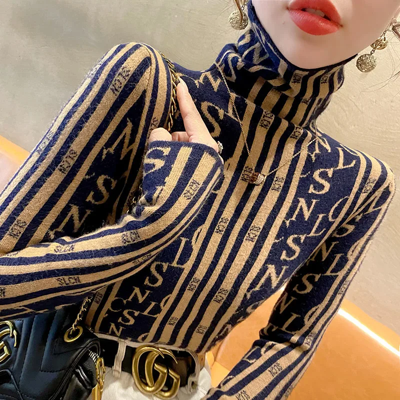 Women Clothing Turtleneck Vintage Letter Jacquard Sweaters Wool Knitted Fashion Slim Soft Elasticity Pullovers Spring Knitwear