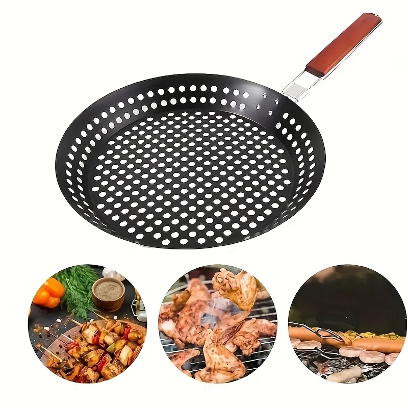 

BBQ Grill Basket - Round Perforated Grilling Pan with Folding Handle for Camping Picnic BBQ Folding Outdoor Barbecue and Baking