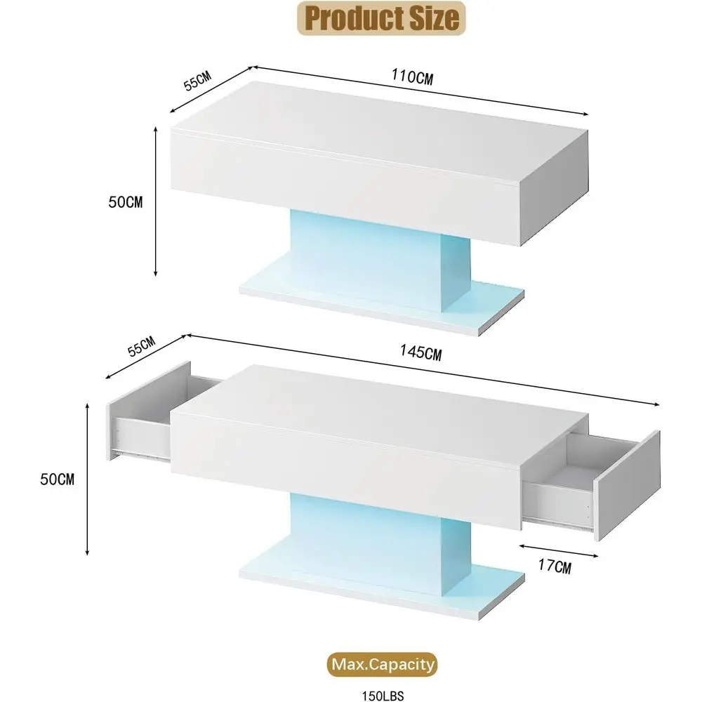 Modern Rectangular LED Coffee Table with 2 Drawers for Living & Dining Rooms