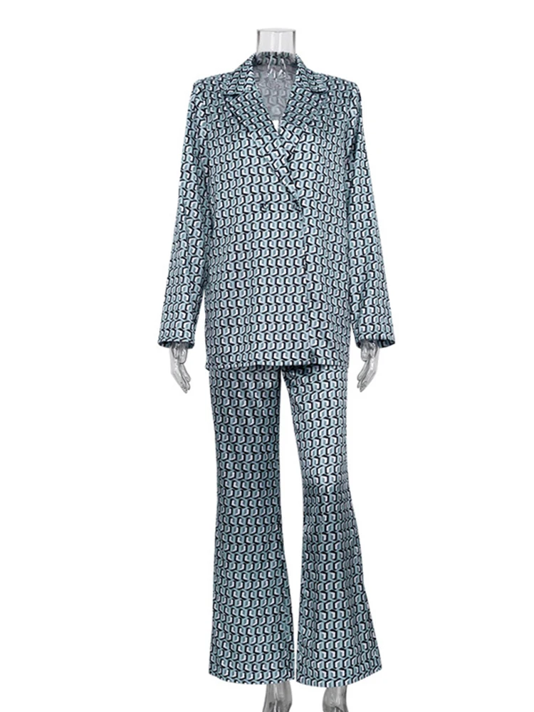 Set di abiti in raso da ufficio da donna autunno inverno 2023 set di pantaloni da 2 pezzi stampati con scollo a V a maniche lunghe per donna