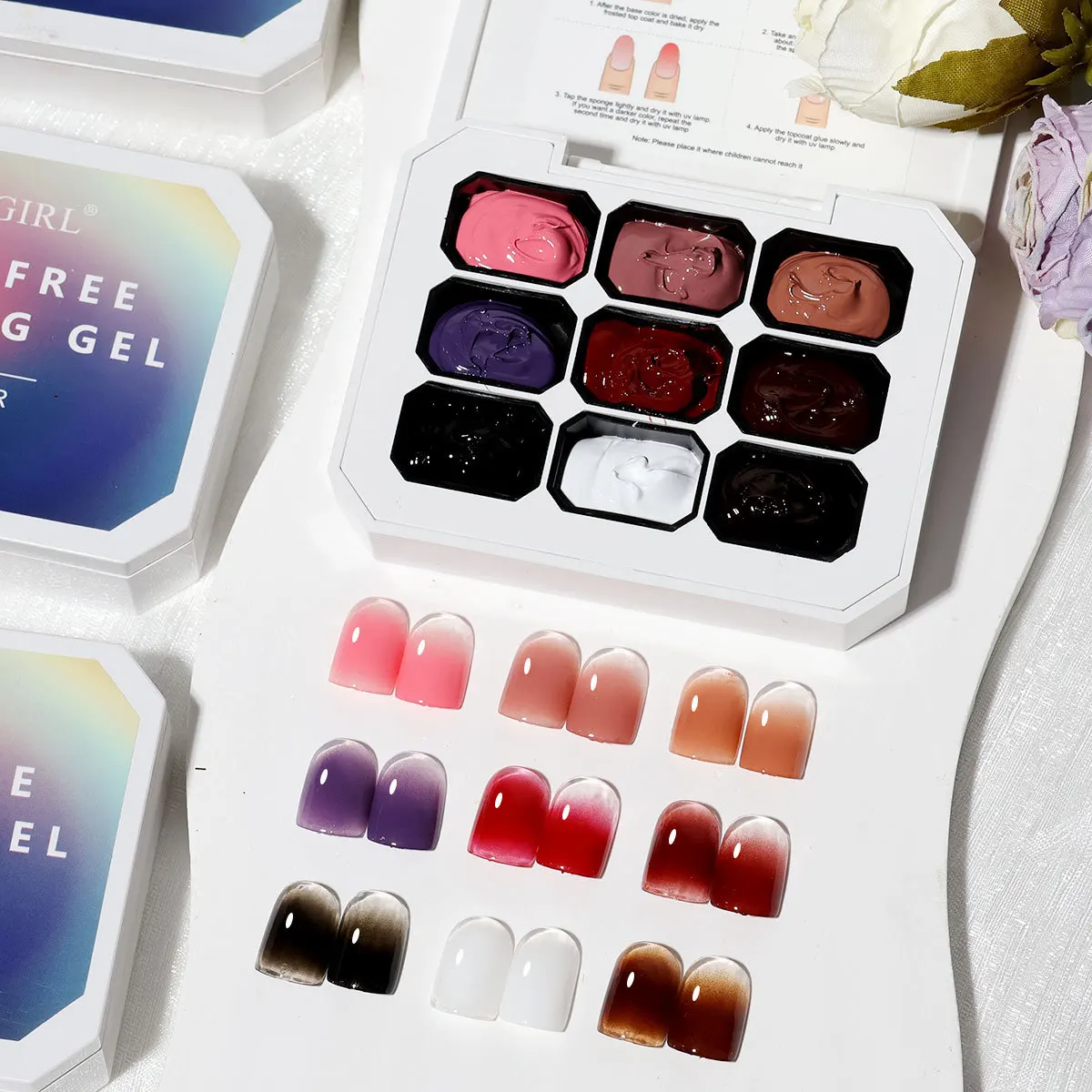 9-kleuren DIY-ontwerp Gel Gradient Painting Gel Nail Art Gradiëntkleur Snelle bloemverf Graveren Gel Nail Polis Nagellijm