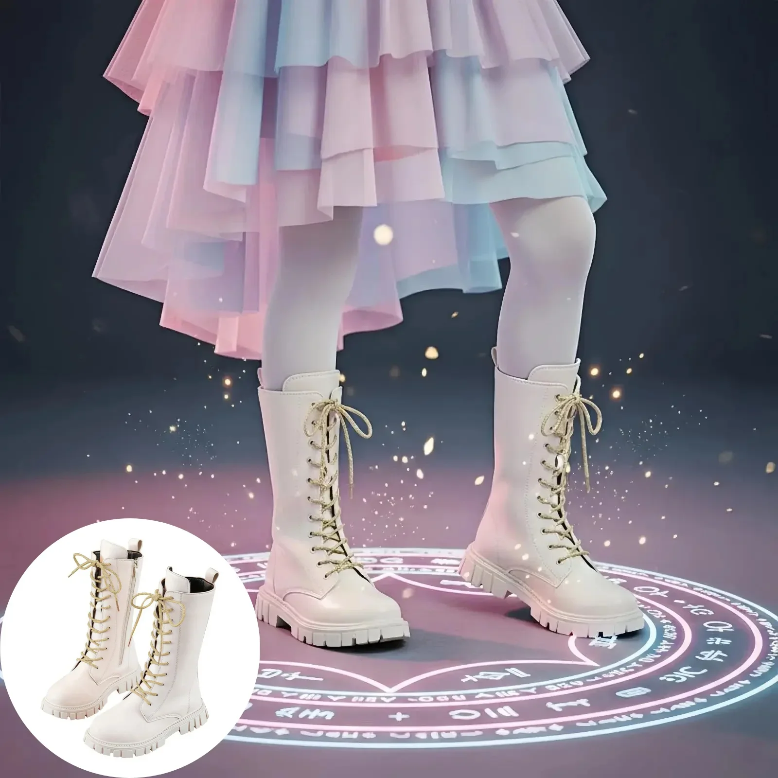 Girls' White Lace-Up Boots Booties Side Zipper Soft Bottom PU Leather School Riding Boot for Kids Fall Winter Knee-High Boots